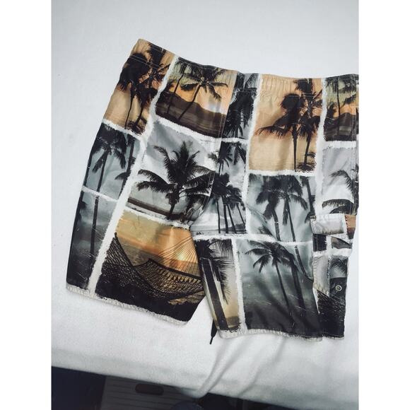 L No Bad Days Cargo Swim Trunks Orange Beige Brown Tropical Print Mens READ - Picture 5 of 11